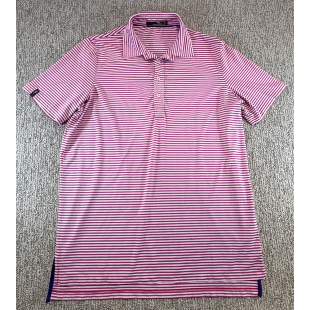 RLX Ralph Lauren Polo Shirt Mens L Purple White Striped Golf Performance SS